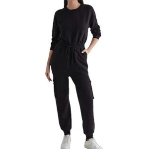 Express Black Cargo Fleece‎ Long Sleeve Jumpsuit
